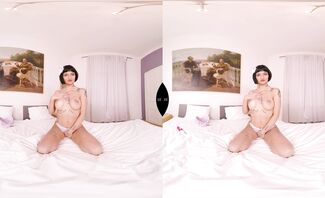 Pretty Brunnete In Pink Lingerie On Her Bed Featuring Candy Scott