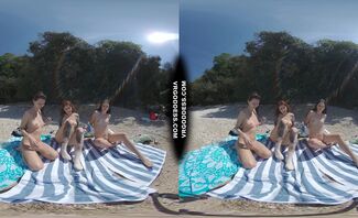 3 Babes Naked On Vacation Beach Picnic Playing Frisbee Searching For Shells And Bubble