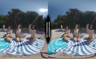 3 Babes Naked On Vacation Beach Picnic Playing Frisbee Searching For Shells And Bubble