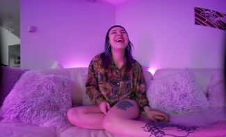 Sam Masturbating With a Really Big Black Dildo on the White Casting Couch
